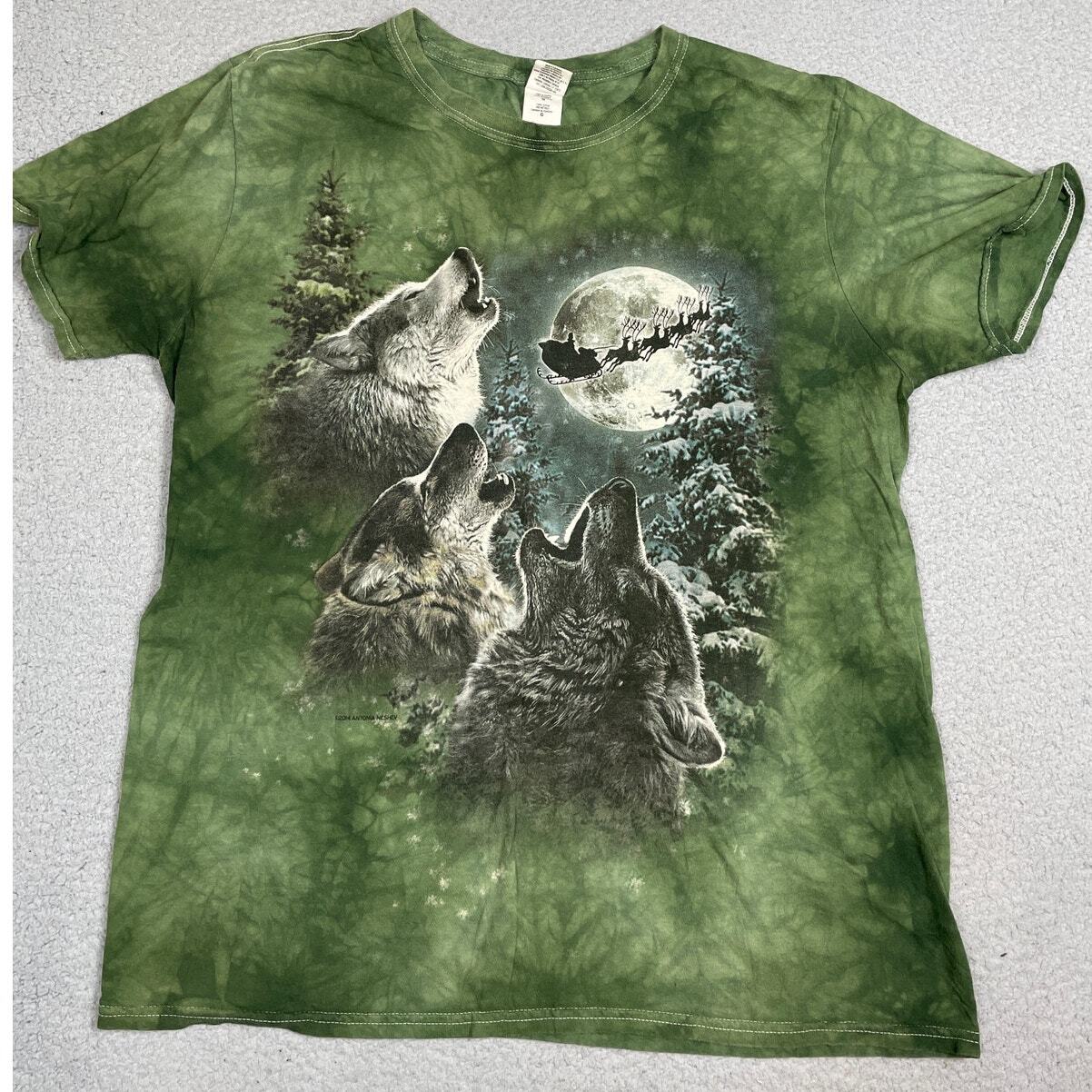 Gildan Shirt Green Tie Dye Short Sleeve Wolf Pack Howling Santa Reindeer Mens L