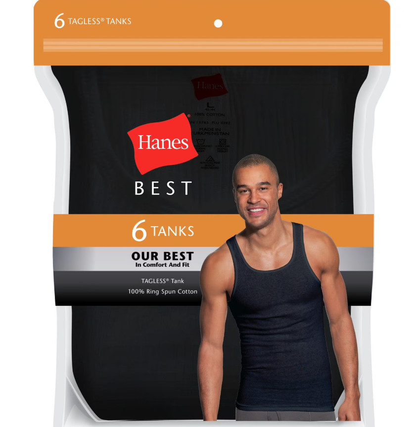 Hanes Men's 6-Pack Best Tank Tops Black Ribbed Cotton Undershirts Size Large-XXL gallery