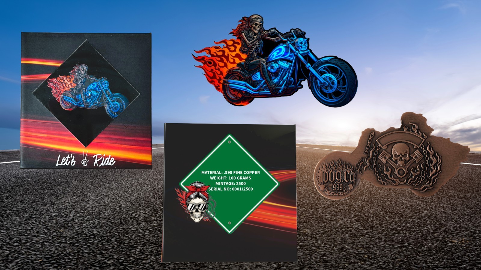 100 Gram .999 Copper Colorized Bone Queen Biker in Display Box PRESALE