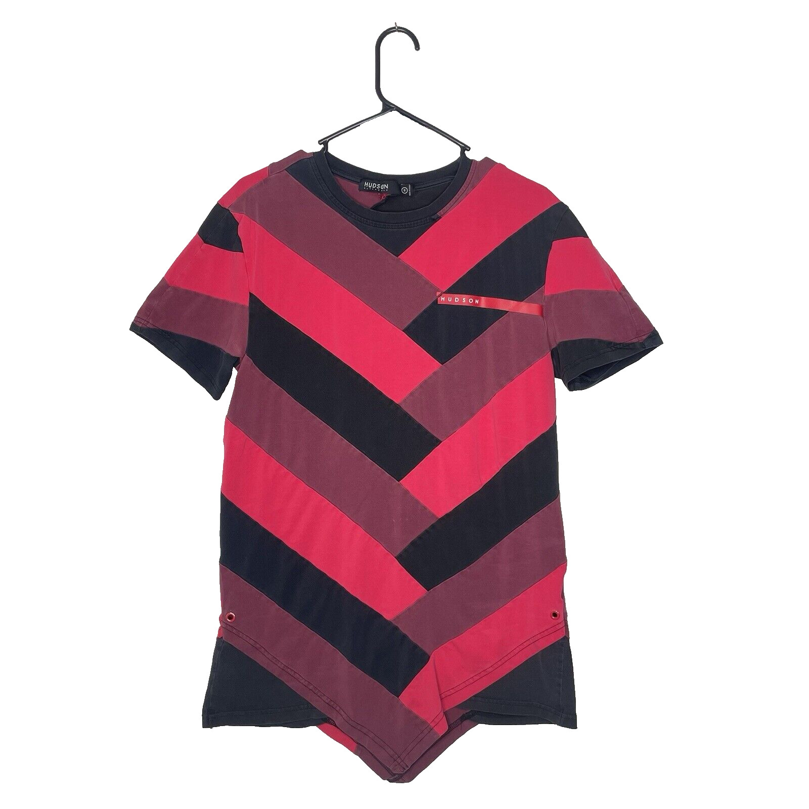 Hudson Outerwear Men’s S Punk Grunge Red Black Chevron Shirt Asymmetrical Hem gallery