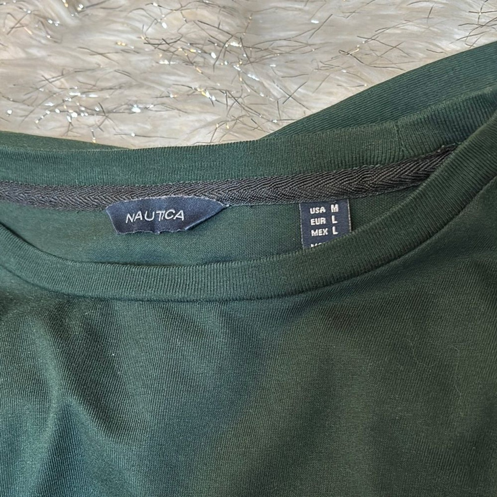 Nautica Men’s Round Neck Dark Green Long Sleeve Tee with Stripe Detail Size M gallery