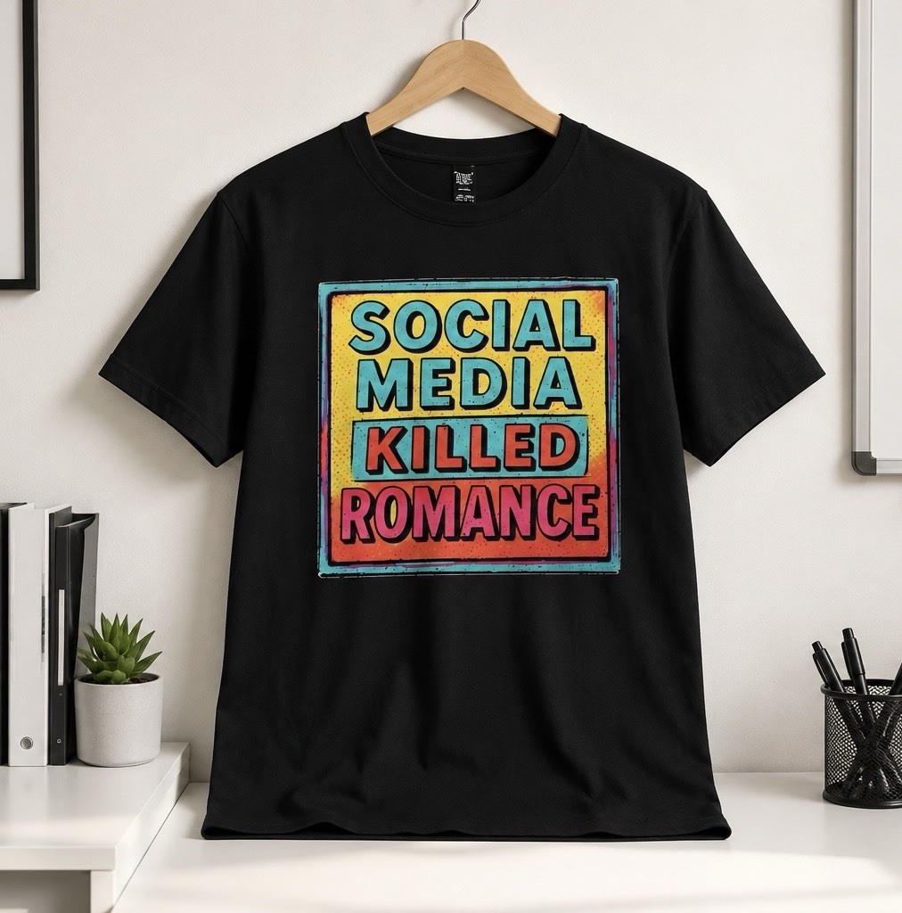 Gildan Softstyle Men's Black Crew Neck Graphic Tee Social Media Killed Romance gallery