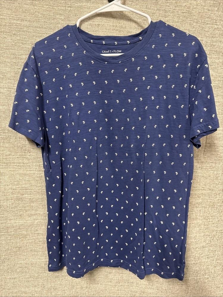 Men’s Craft + Flow Blue Crewneck Tshirt With Palm Tree Print Size L