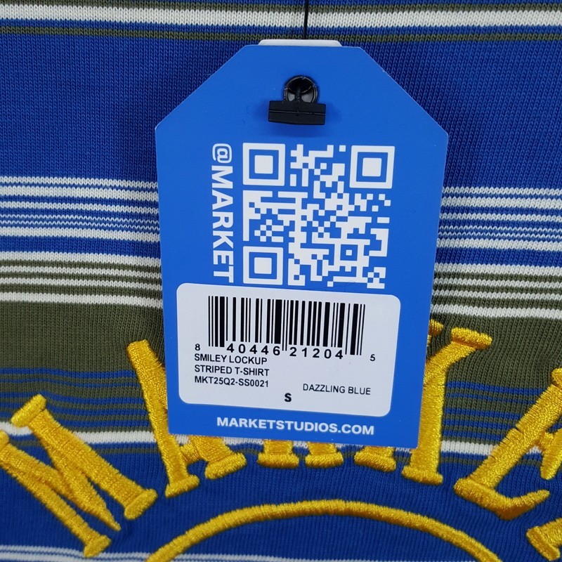 MARKET STUDIO Shirt Mens Small Blue Stripe Pullover Crew Smiley T-Shirt Tee gallery