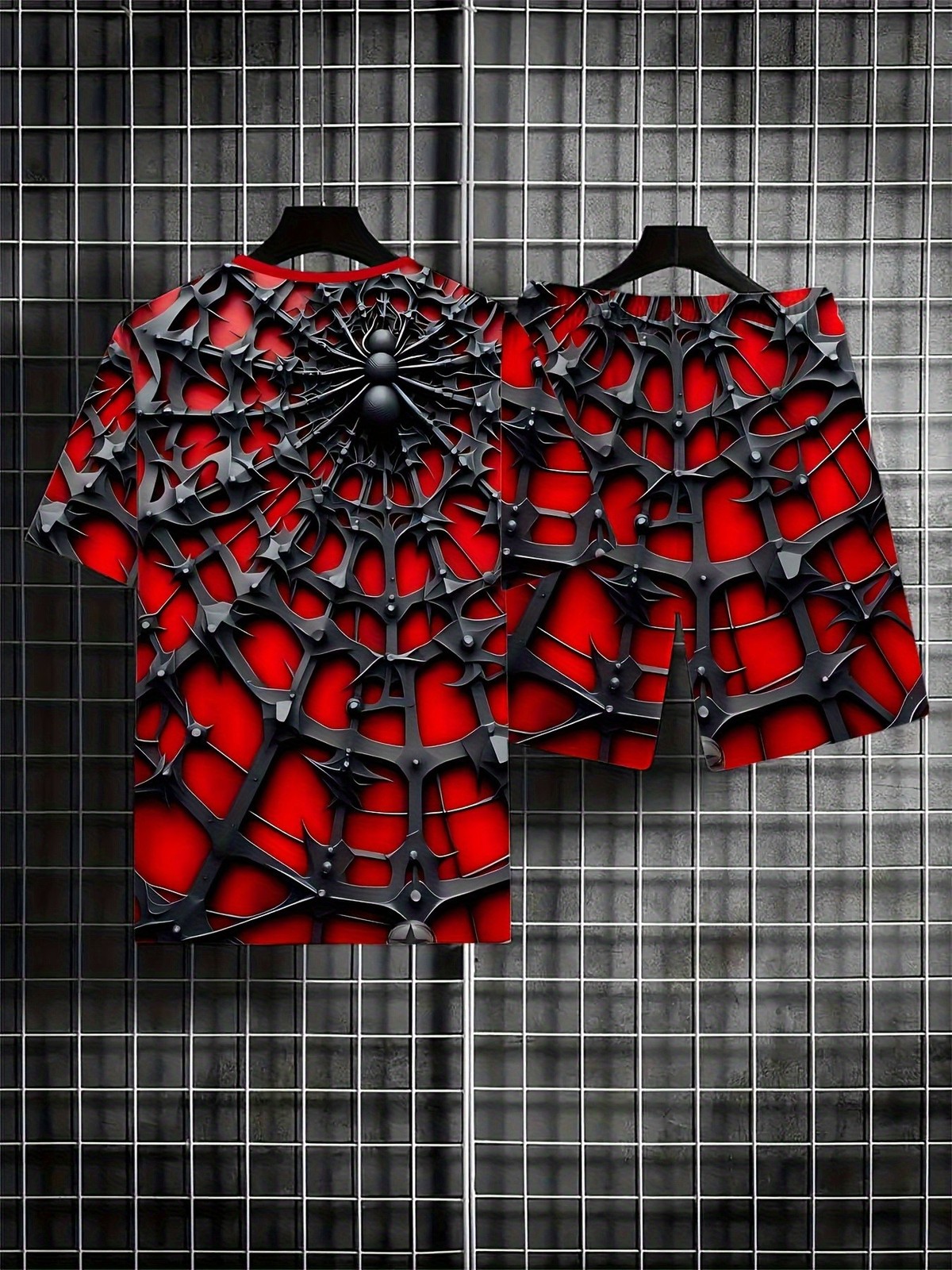 [Printed Design - Not Textured] Men's Plus Size Spider Red Web Print T-Shirt gallery