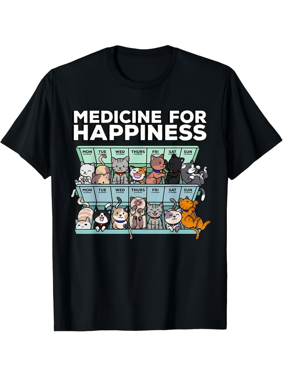 Cute Cat Graphic T-Shirt Medicine for Happiness Funny Cat Lover Tee Casual Shirt gallery