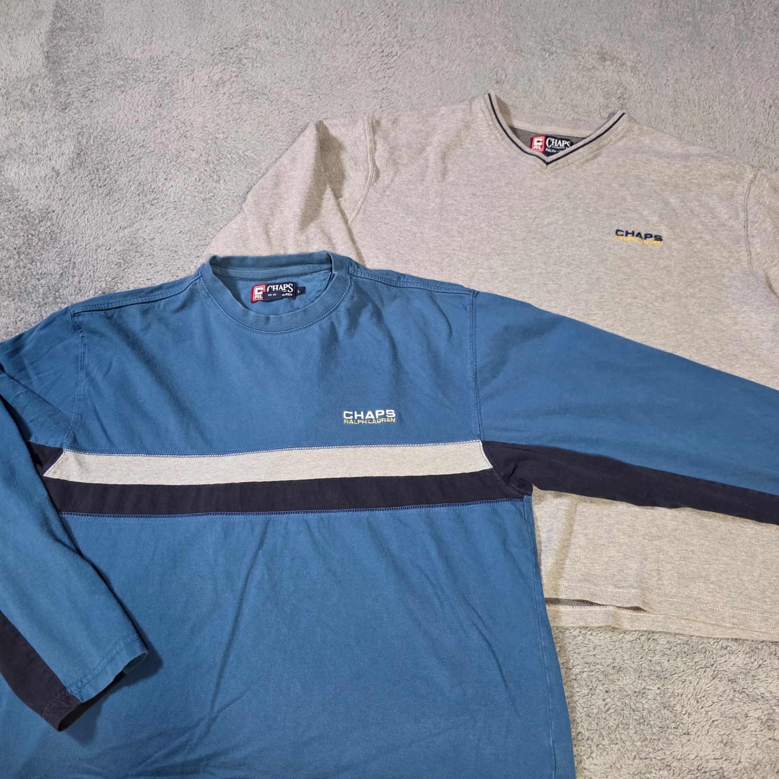 Chaps Ralph Lauren Mens L Long Sleeve Shirt Bundle Blue Grey Striped V-Neck 2pk gallery
