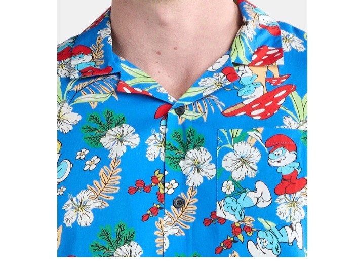 Smurfs Men's 2XL Tropical Hawaiian Graphic Dress Shirt Short Sleeves Blue (28D) gallery