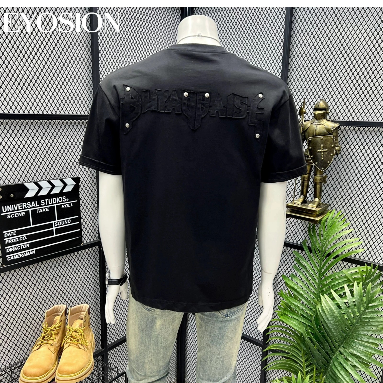 Men High Street Letter Patch Embroidered T-Shirt Rivet Heavy Weight Casual Tee gallery