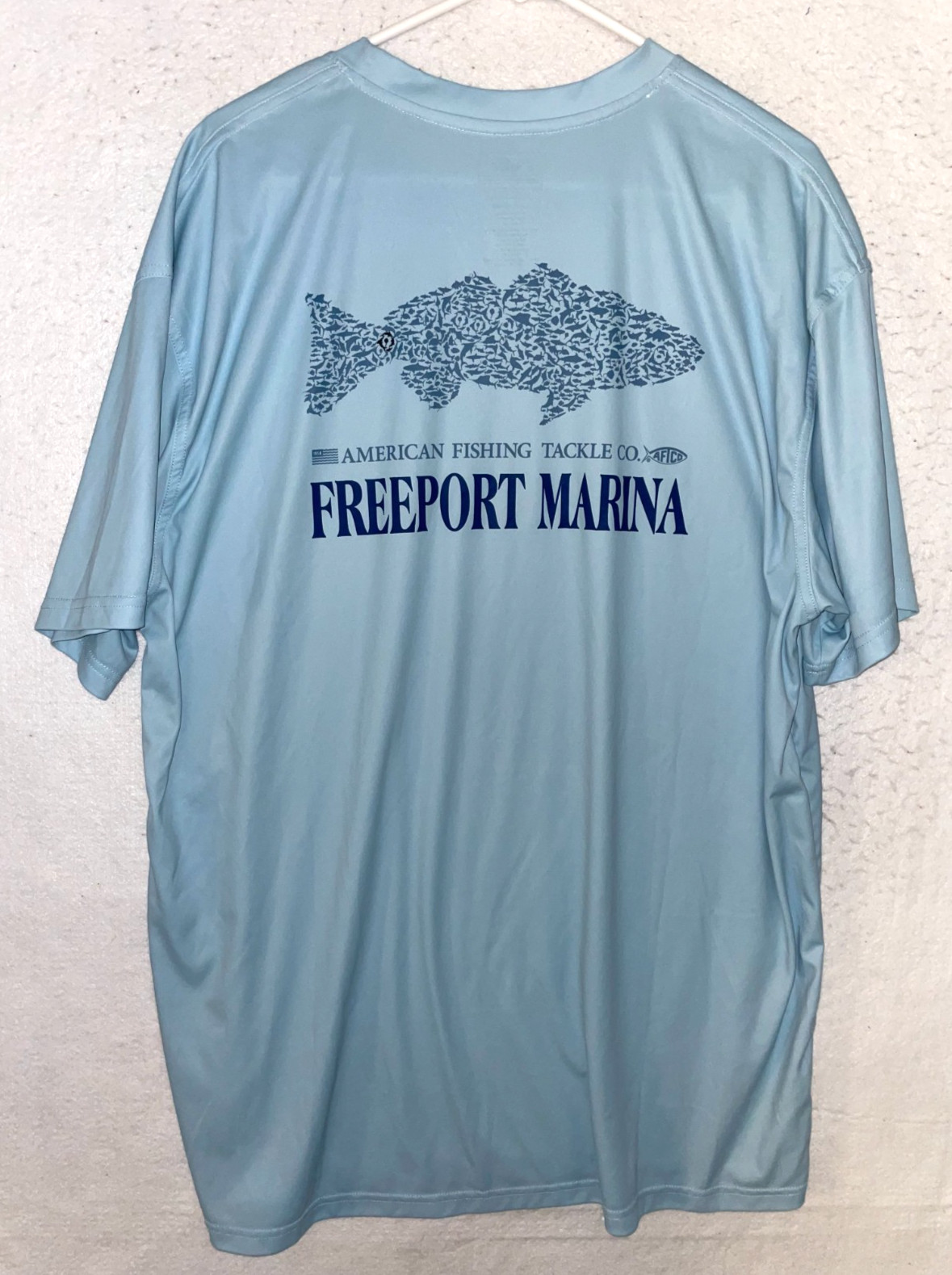 Aftco T-Shirt Mens XXL Blue Performance Stretch Fishing Graphic Freeport Marina