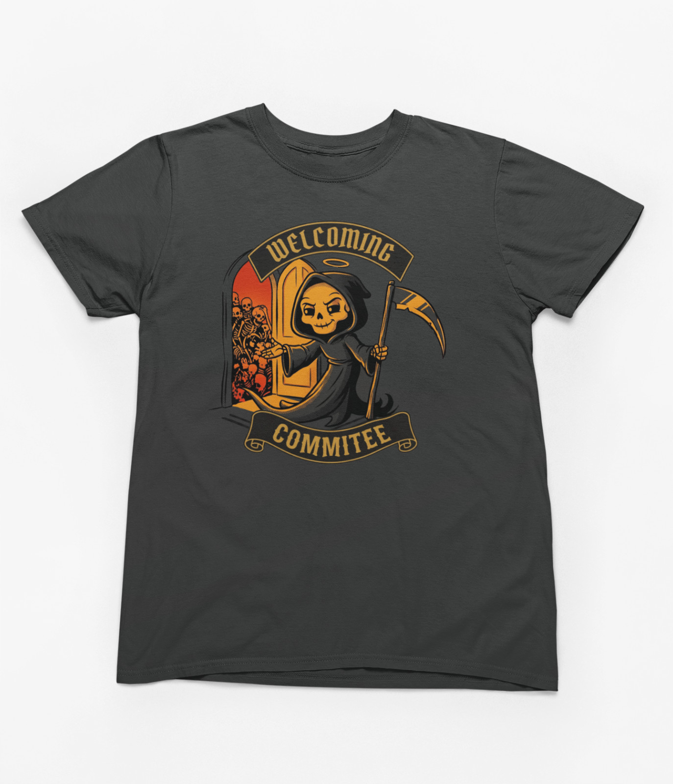 Grim Reaper Welcome Committee Skull Funny Dark Humor Graphic T-Shirt Tee gallery