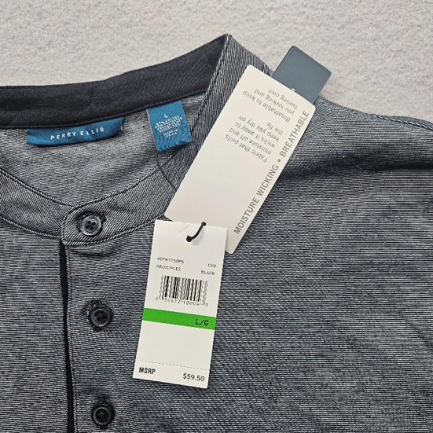 Perry Ellis Men’s Large Long Sleeve Henley Shirt Black Gray Moisture Wicking NWT gallery
