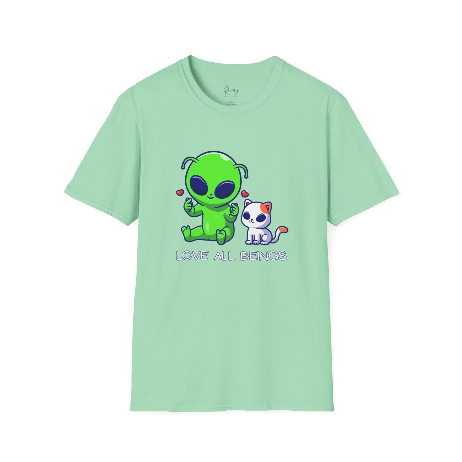 Cute Alien & Cat T-Shirt, Love All Beings Tee, Unisex Gift, Fun Casual Wear
