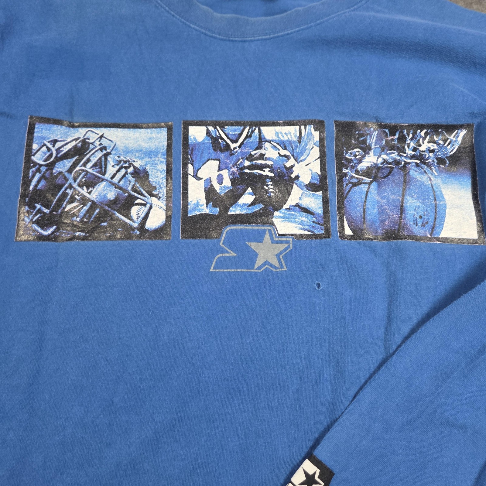 Vintage Starter Shirt Mens Medium Blue Long Sleeve Sports Graphic Made USA gallery