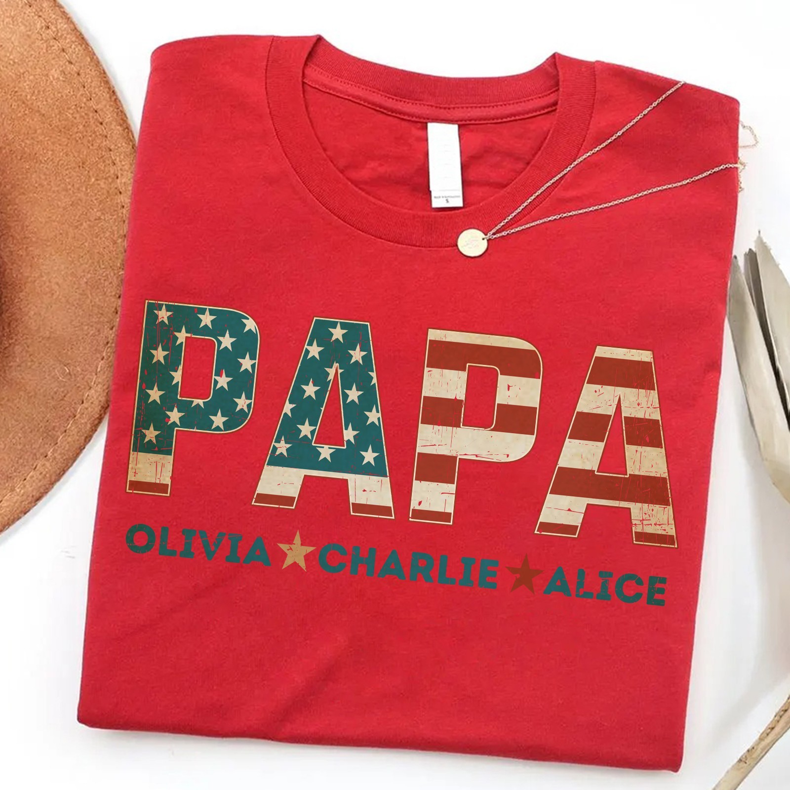 Personalized Papa Shirt Custom Kids Name Patriotic Dad USA Flag Fathers Gift Tee gallery
