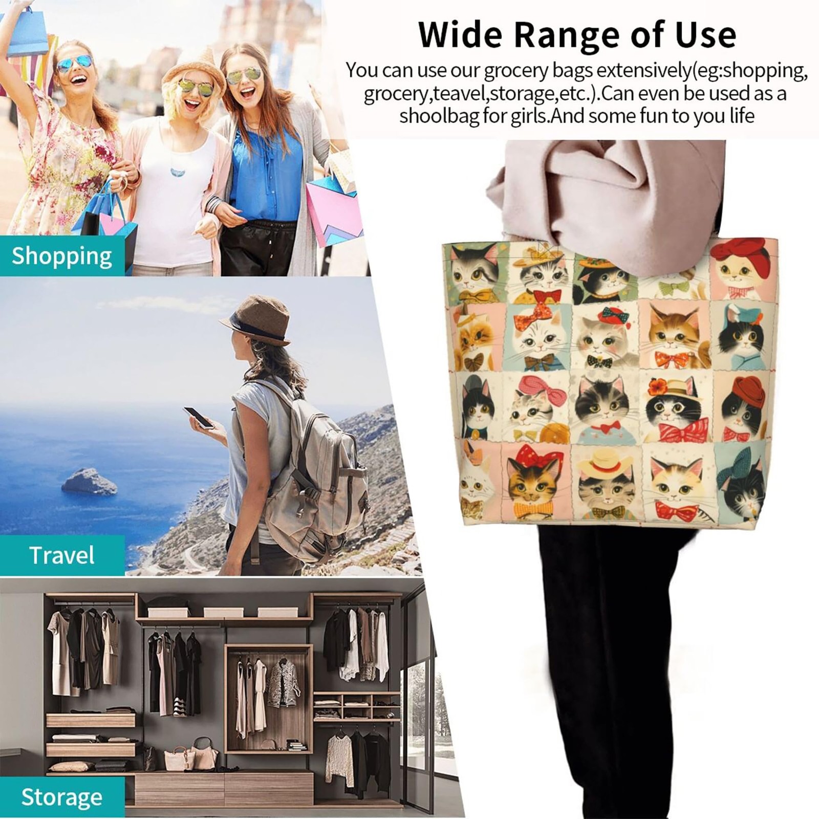 Large Zipper Cat Tote Bag Reusable Travel Work Shopping Purse Shoulder Handbag gallery