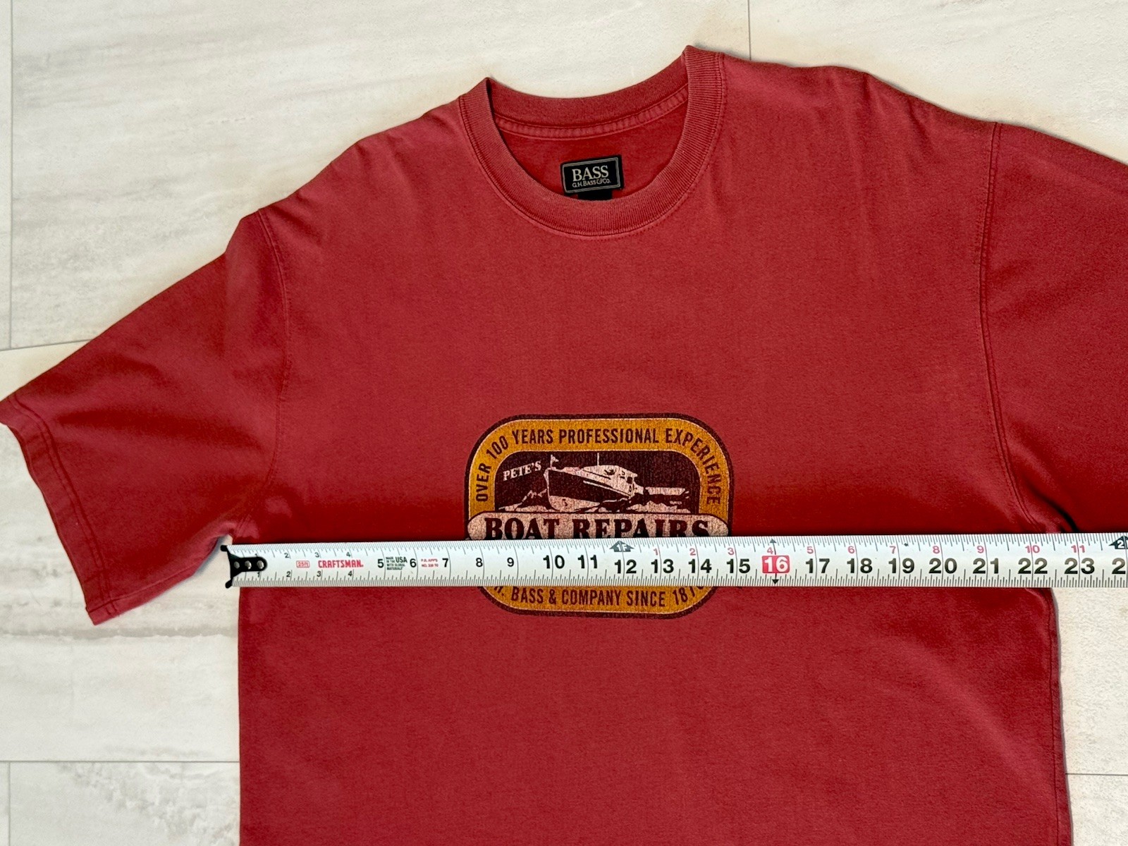 Vintage 90s Single Stitch GH Bass Boat Repairs Graphic Red T-Shirt Size M gallery