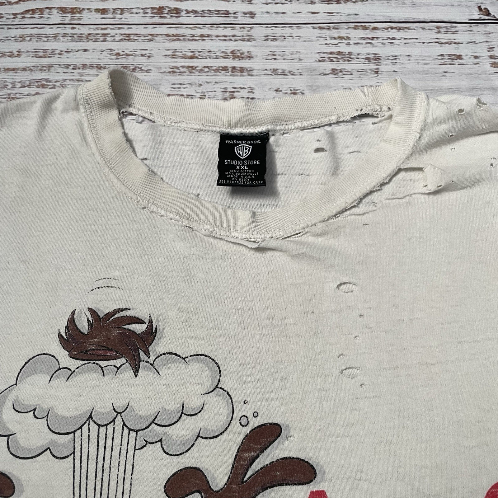 Vintage 90s Taz Looney Tunes Distressed Worn Faded Cut Off White Shirt Adult 2XL gallery