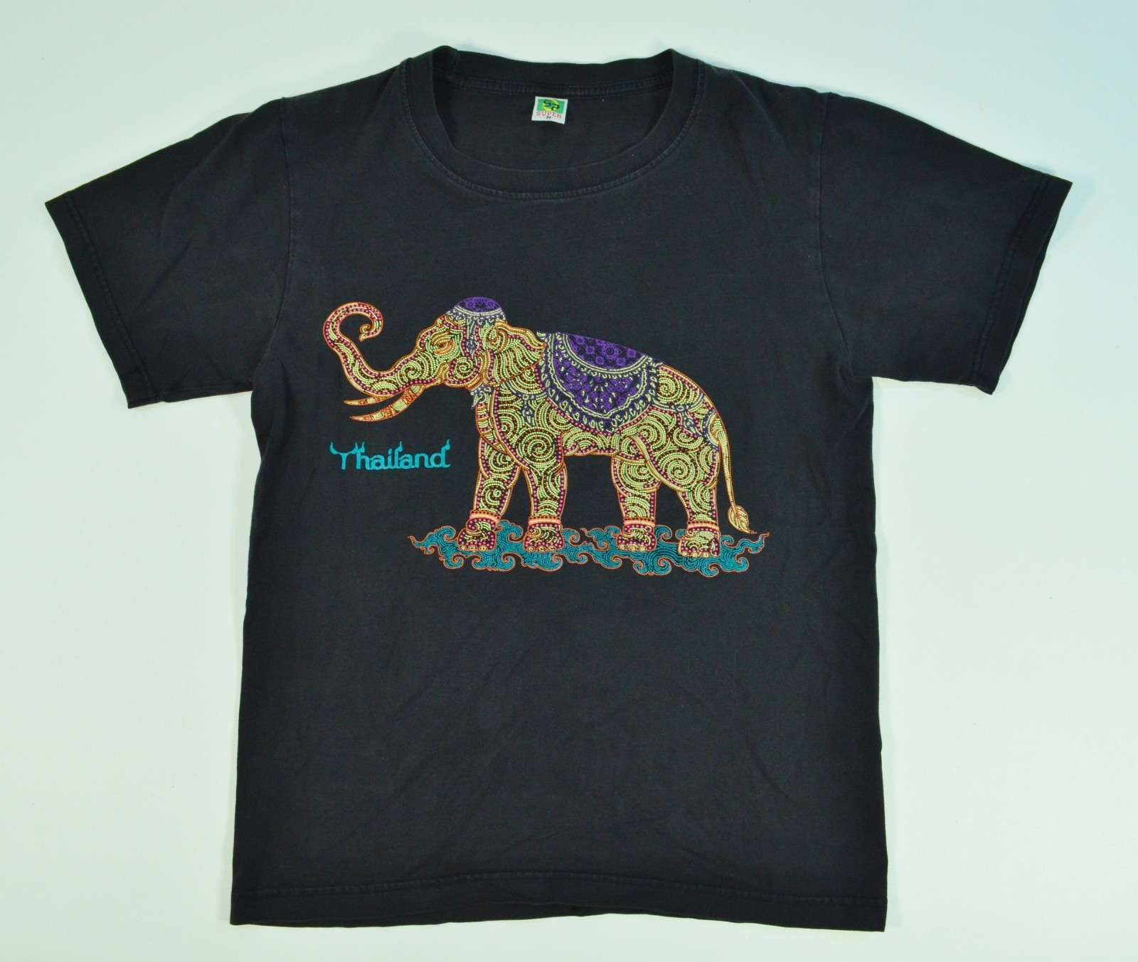 Vintage Thai Thailand Elephant Double Sided 90's Medium Black Shirt "Beaded Art" gallery