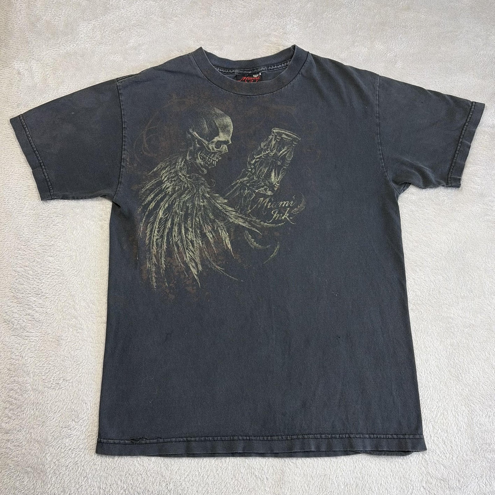 Miami Ink Shirt Mens Medium Black Skeleton Grim Reaper Gothic Tattoo Grunge Y2K