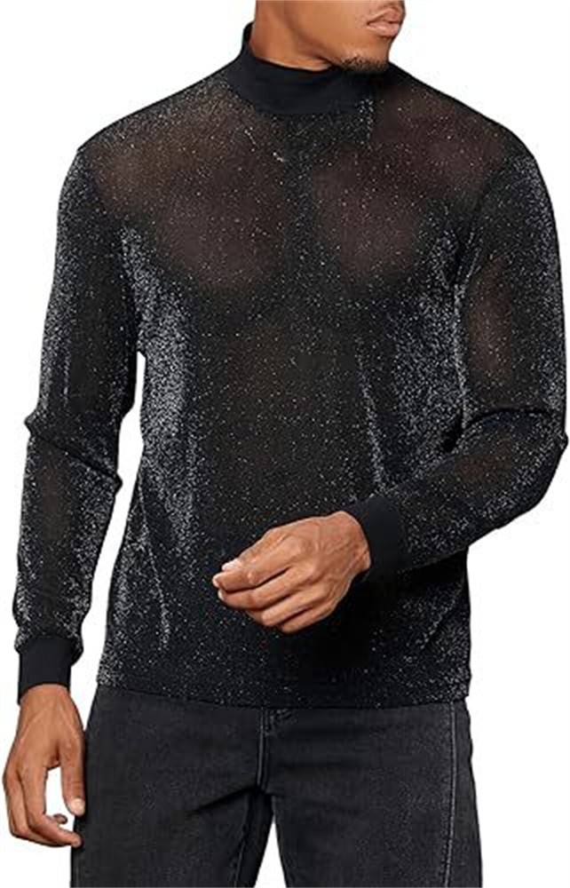 New Men’s See Through Long Sleeve Mock Neck Sheer Mesh Tee Shirt Club Party