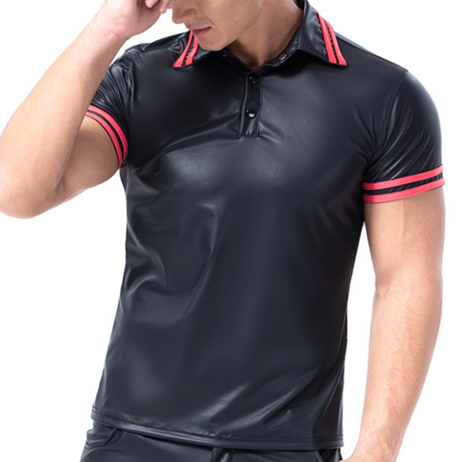 Men's Faux Leather T Shirt Wet Look Short Sleeve Slim Tights Top Clubwear Party gallery