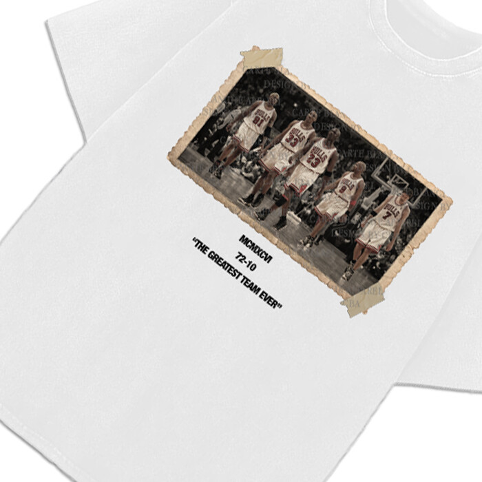 1996 Chicago Bulls Jordan Vintage Photo T-Shirt The Greatest Team Ever 72-10 gallery