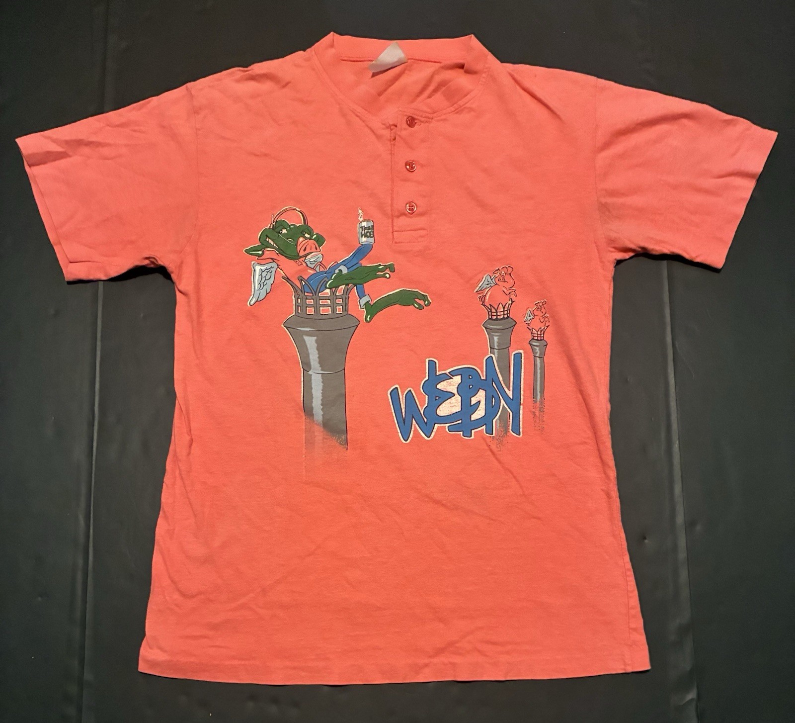 90s rock radio t-shirt surfer style Frog pig salmon pink color USA Made Sz large gallery