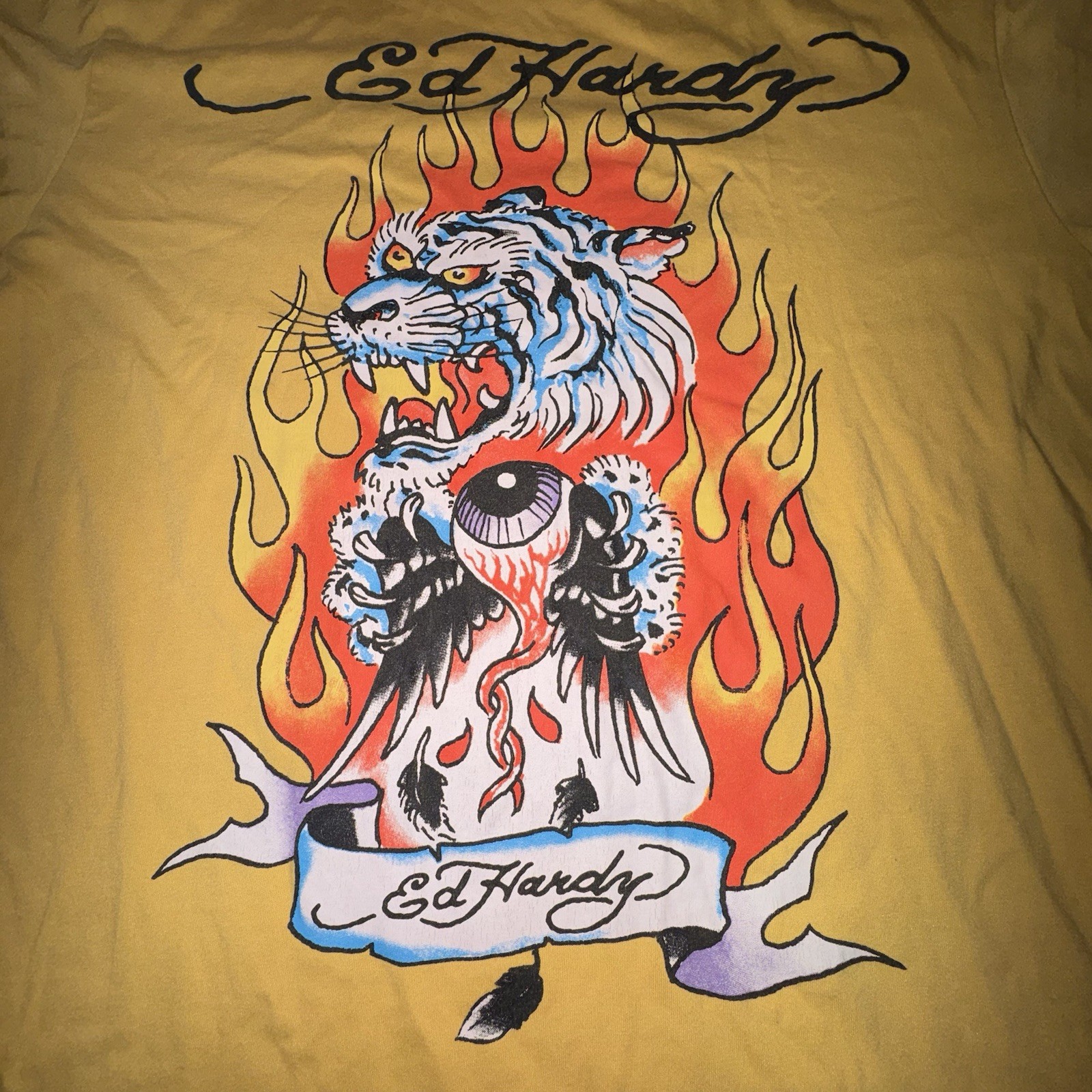 Ed Hardy Shirt Men’s XL Yellow Embellished Tattoo Motocycle Biker Rock Y2K Skull gallery