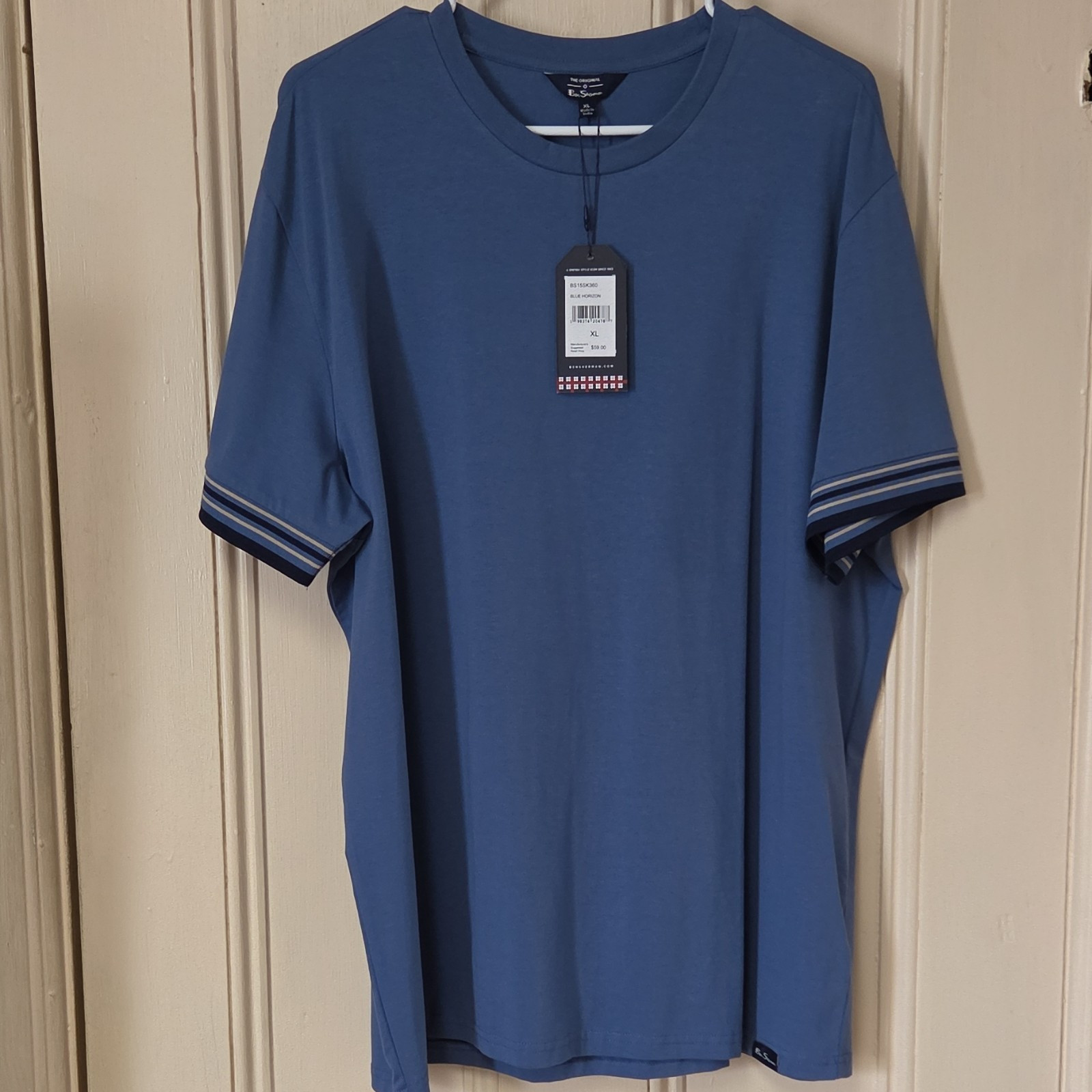 Ben Sherman Blue Crew Neck XL T-Shirt Striped Cuffs Short Sleeve BS15SK360