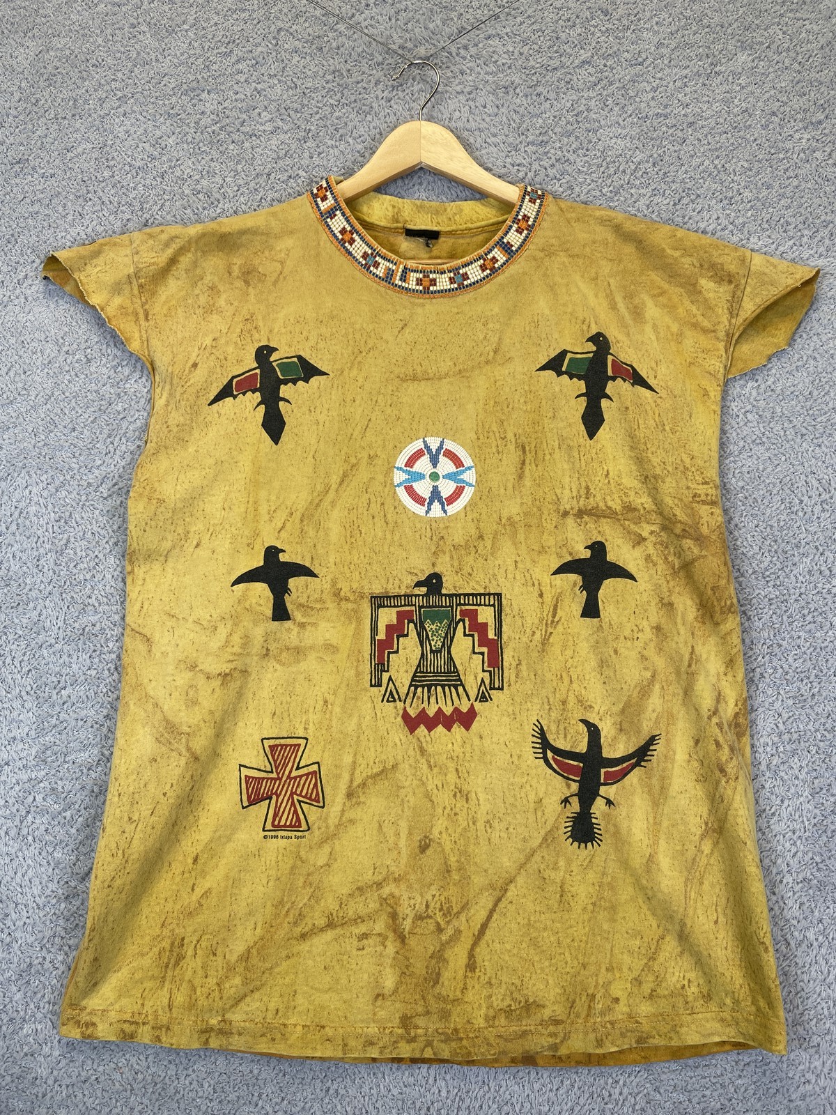 Vintage Factory Artwear Beaded Aztec Native American Totem Shirt Size Large gallery