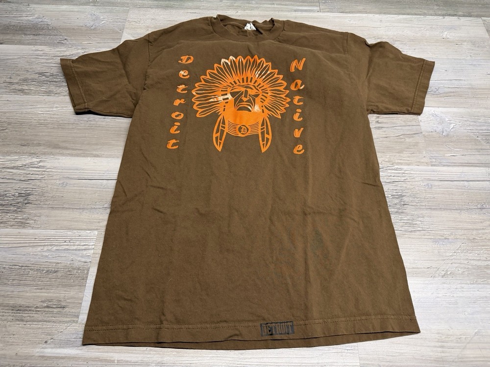 Vintage Detroit Native Graphic Tee Chief Headdress Brown Orange Alstyle Mens L