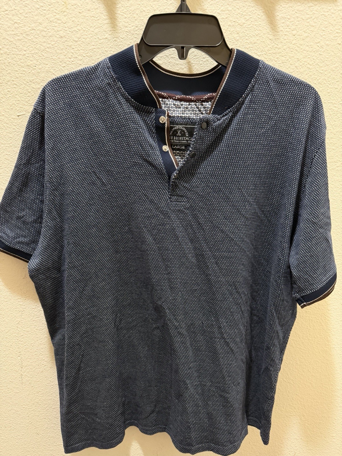 Knit Heritage Polo Men’s L Blue Henley Short Sleeve Knit Geometric Buttons