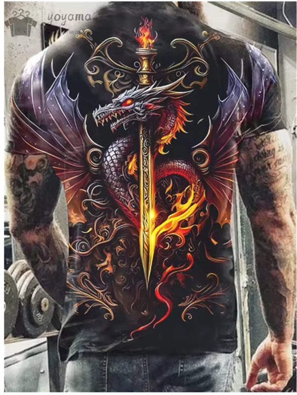 Mythical Fantasy Dragon Fire Sword Art Men’s T-Shirt in Large Size