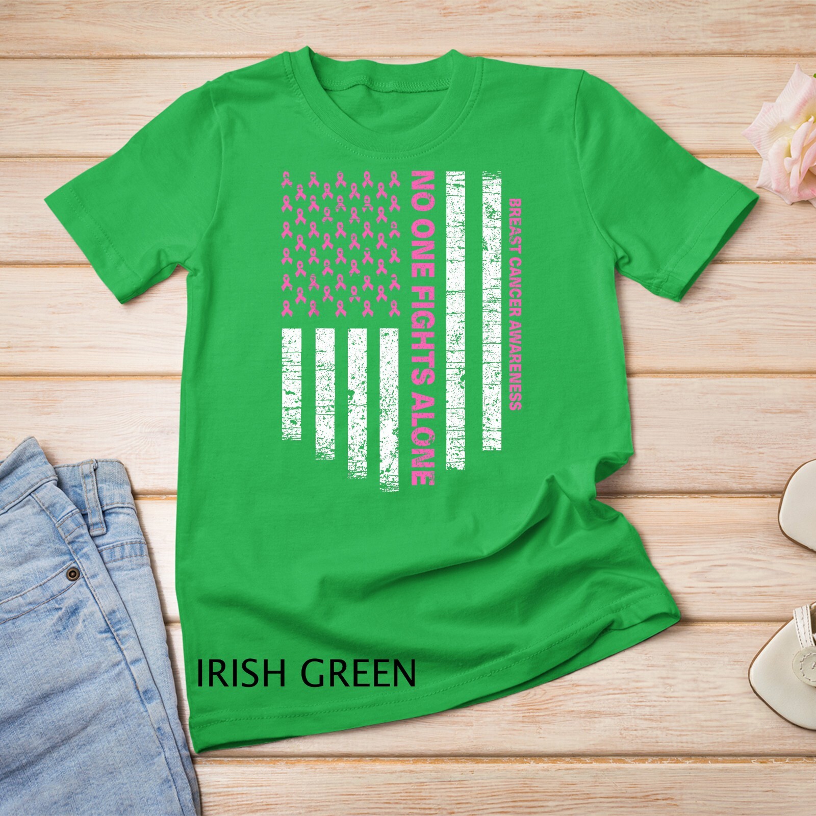 No One Fights Alone USA Flag Breast Cancer Awareness Unisex T-shirt gallery