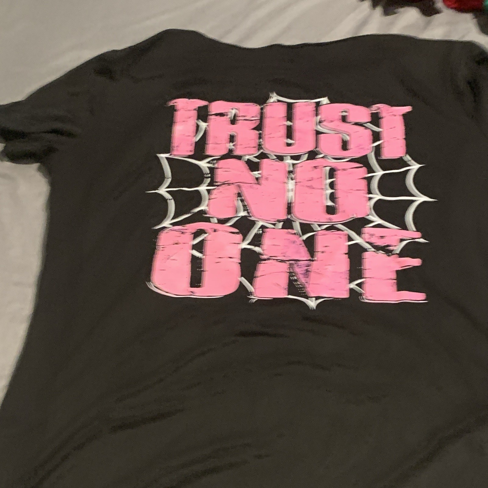 Men's Black Graphic Print T-Shirt Size L Regular "Trust No One" Pink Spiderweb gallery