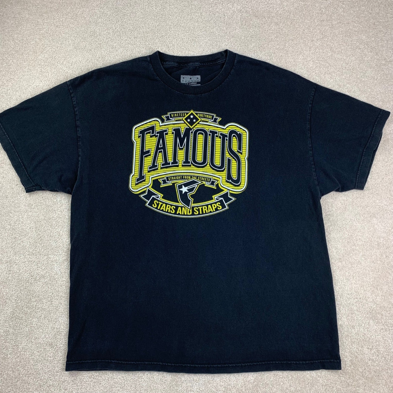 Famous Stars and Straps T-Shirt Mens XXL Black Yellow Graphic Logo Tee Vtg Y2K