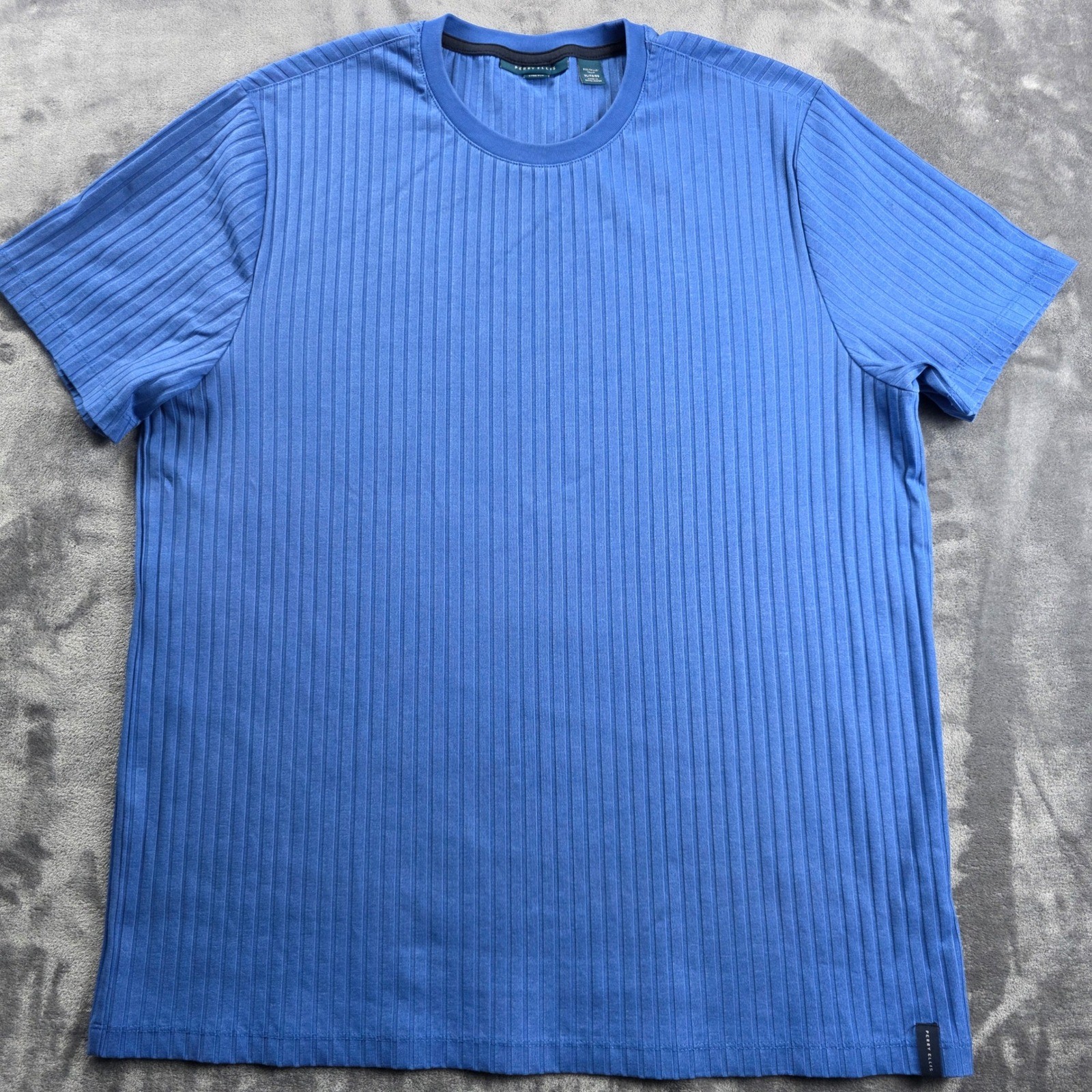 Perry Ellis T-Shirt Mens XL Blue Ribbed Stretch Short Sleeve Crew Neck Top gallery