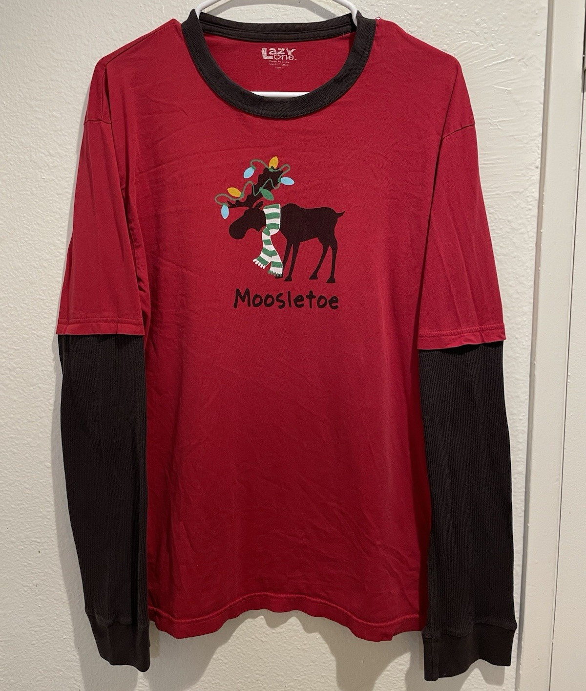 Lazy One Moosletoe Pajama Shirt Mens Large Thermal Sleeve Christmas Moose Red L gallery