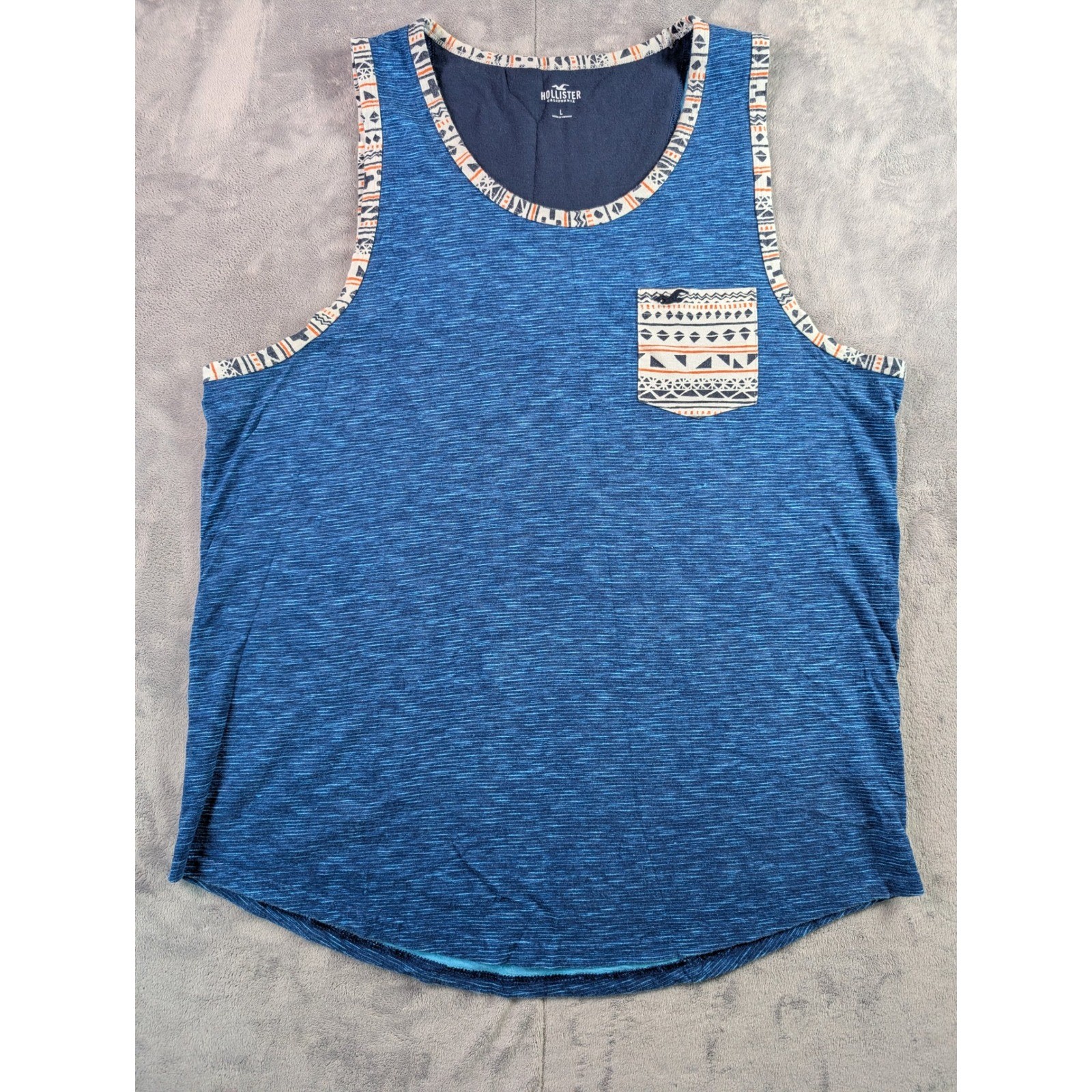 Hollister Mens Large Blue Space Dye Tank Top Geometric Pocket Tribal Trim Cotton gallery