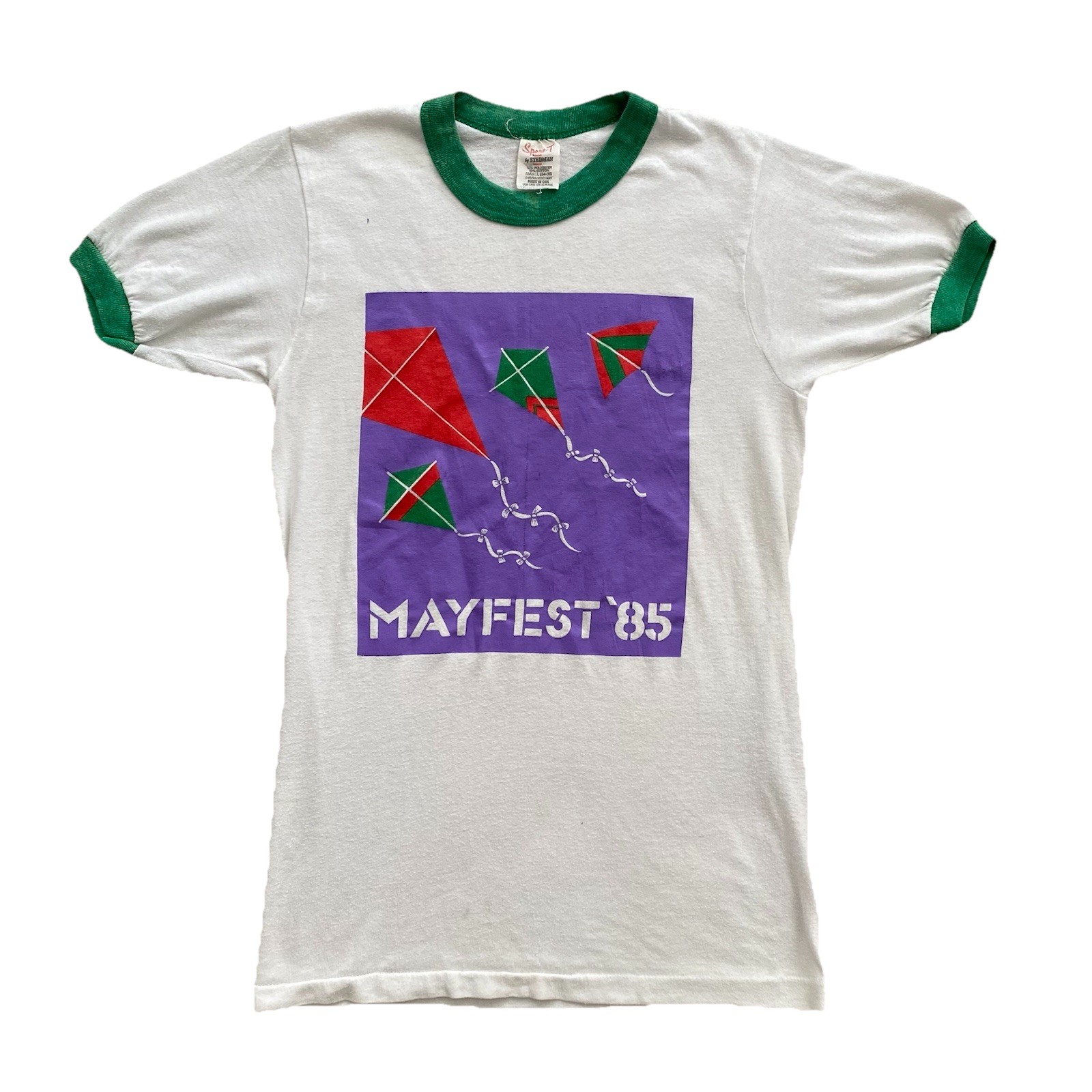 Vintage 80s Ringer T Shirt Small Mayfest 1985 White Green Stedman Kite