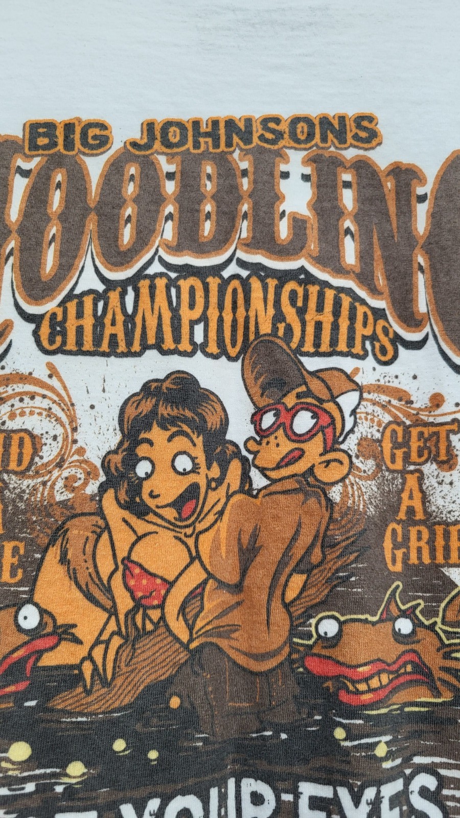 Big Johnson Shirt Mens White Cartoon Graphic Tee Noodling Championships XL gallery