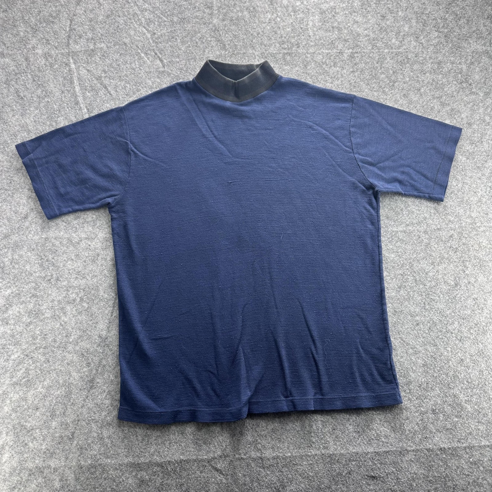 Shirt Mens Medium Navy Gray Mock Neck Short Sleeve Rib Collar Casual Knit Basic gallery