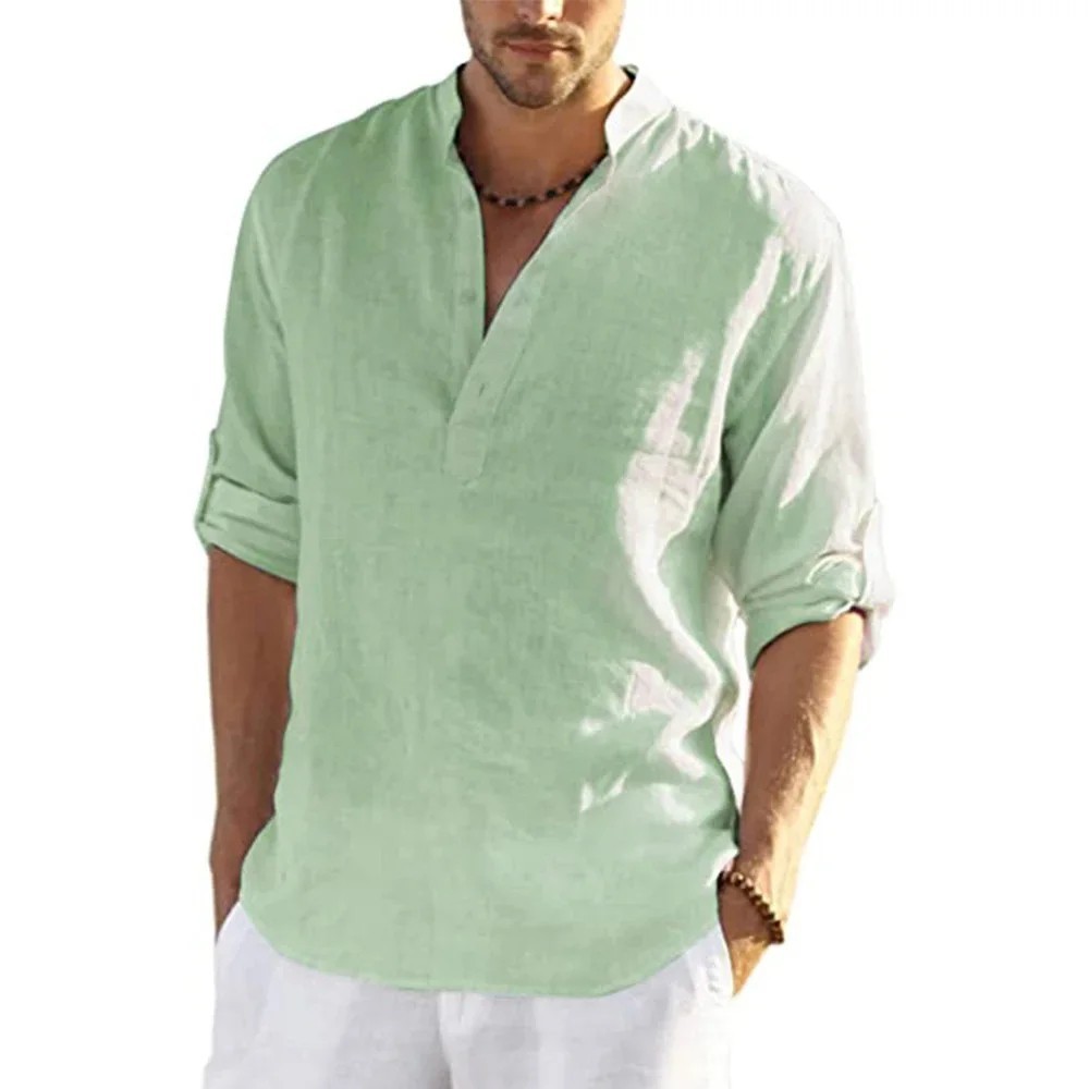 Men's Cotton Linen Henley Long Sleeve Shirt Casual Beach T-shirt Tee Summer Gift gallery