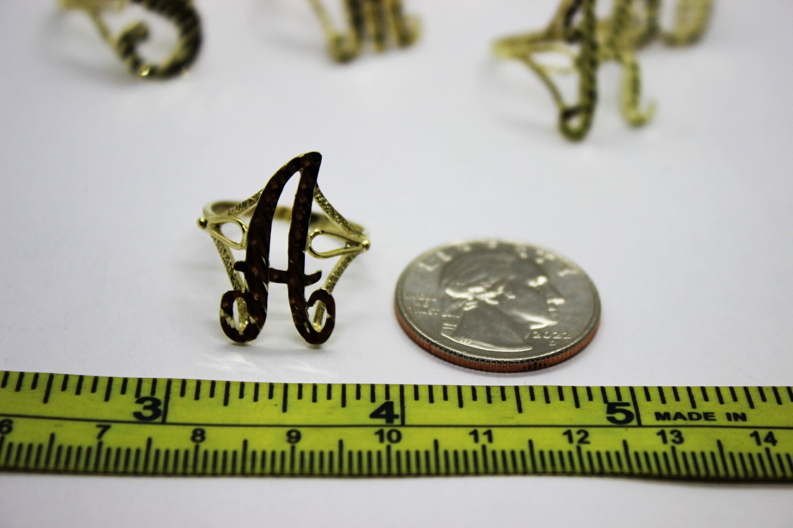 10k Solid Yellow Gold Cursive Initial Letter Ring Diamond Cut Medium Size 6 ~ 11