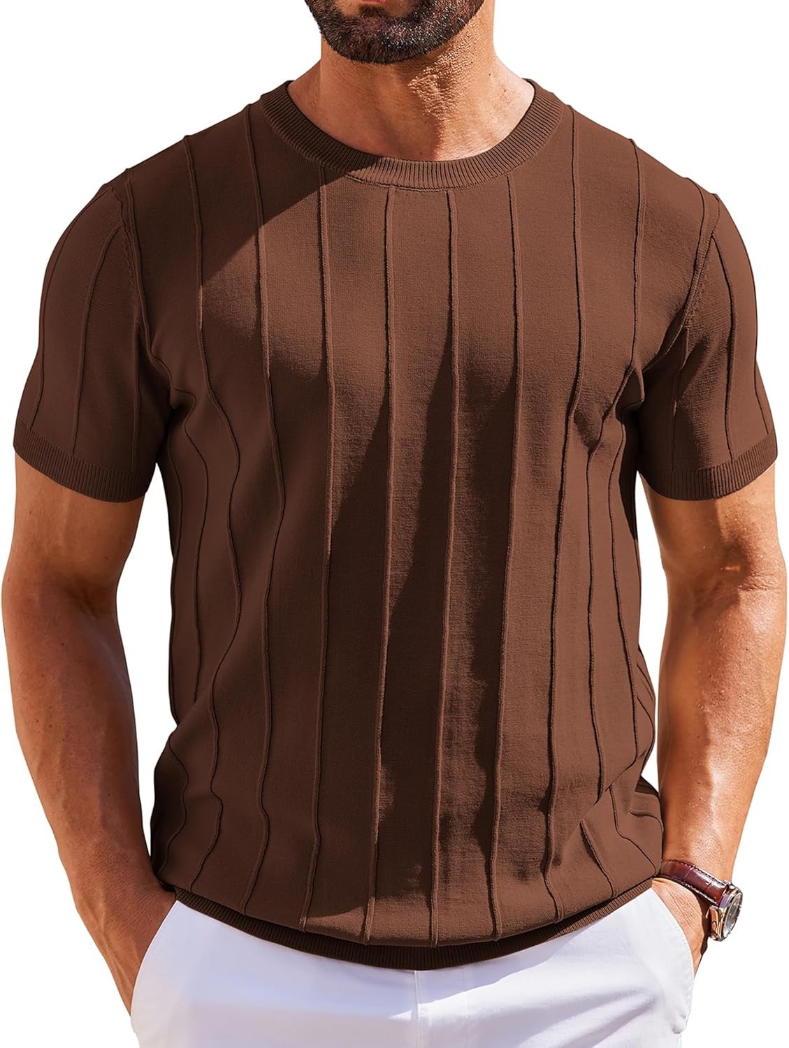 Men's Casual Short Sleeve Knit T-Shirt - Ribbed Crewneck Pullover Tee gallery