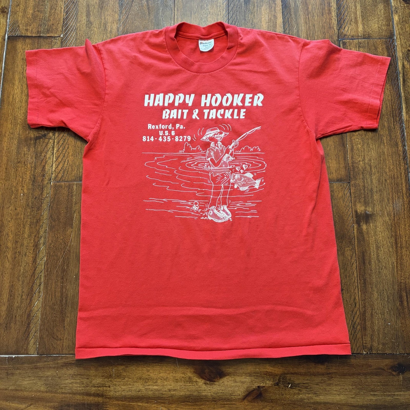 Vintage Stedman Happy Hooker Bait & Tackle Shirt Mens Large Red Fishing 80s gallery
