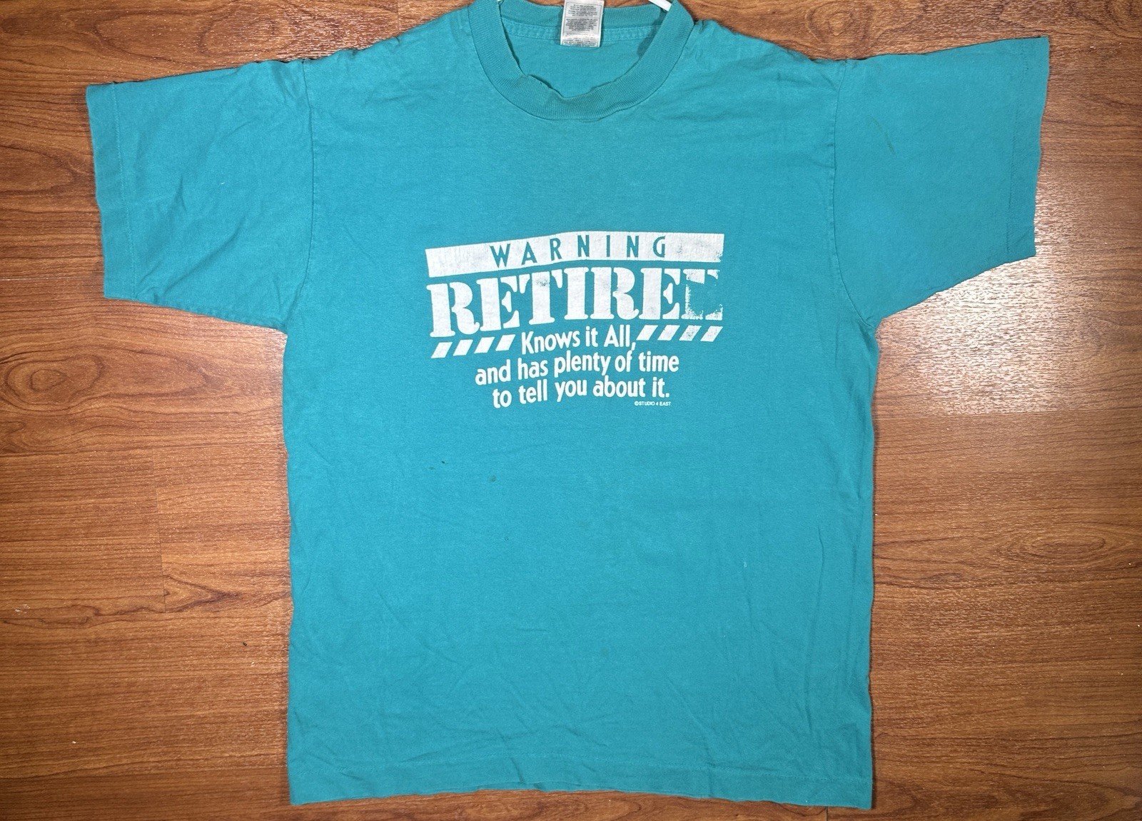 Vintage Retiree Warning Knows It All Teal Graphic T Shirt XL USA 12 gallery