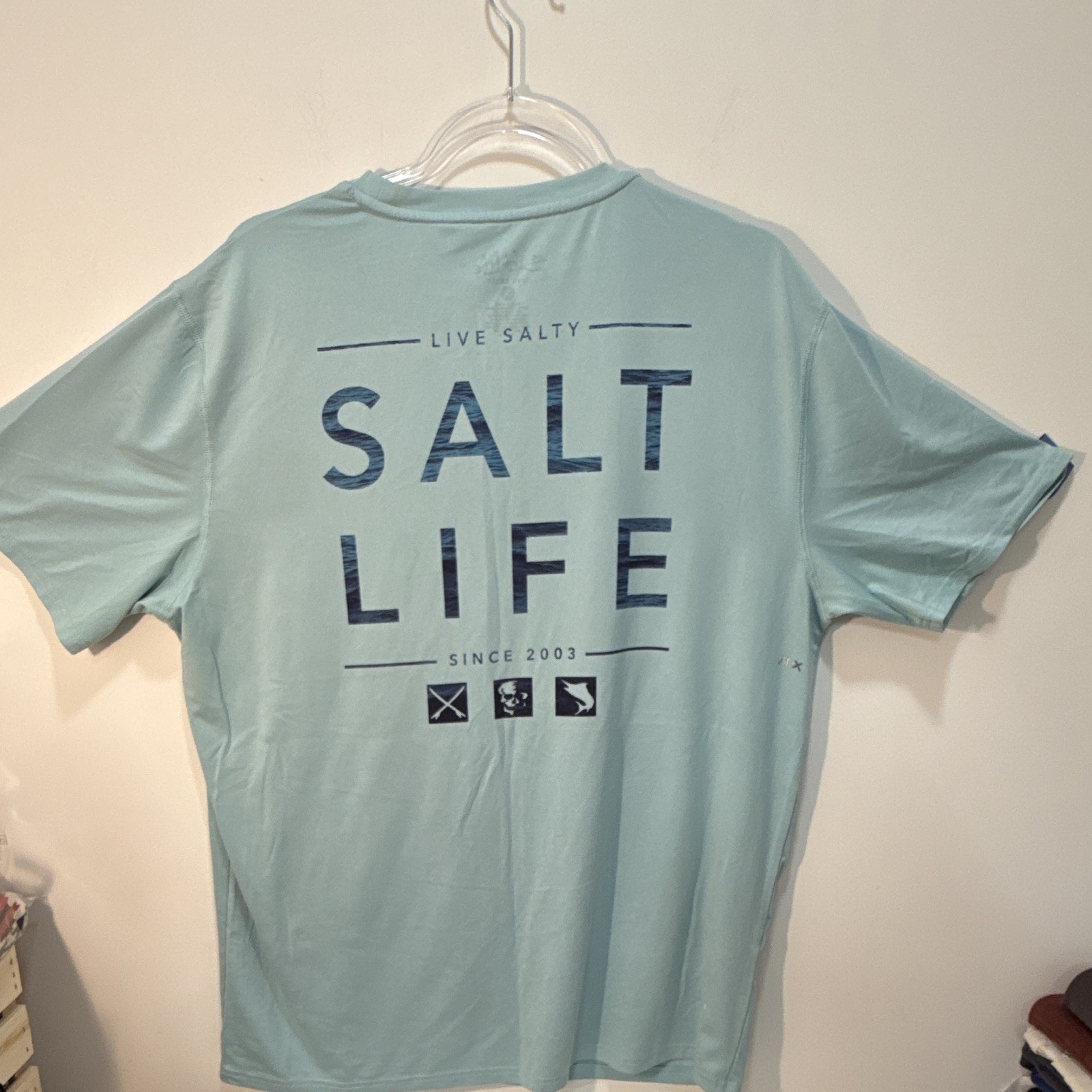 Salt Life Vapor Men’s Blue Graphic Logo Pocket Polyester Knit Tee Crew XL gallery