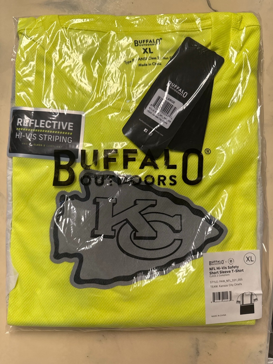 Buffalo Outdoors Kansas City Chiefs Hi Vis Safety Shirt XL ANSI Class 2 Reflecti